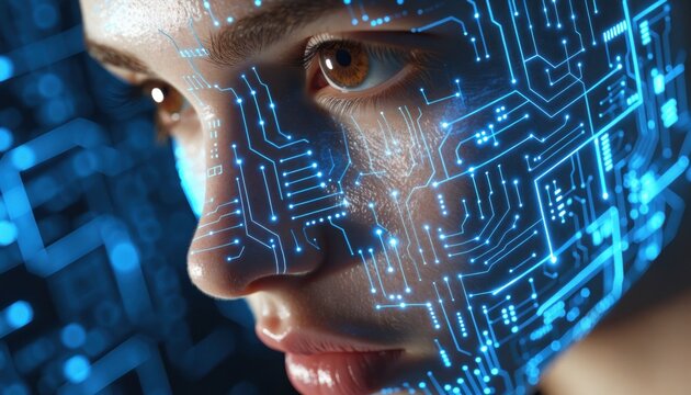 A close-up of a human face overlaid with glowing blue circuit board patterns, symbolizing the fusion of technology and humanity.