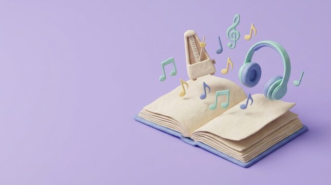 3D isometric illustration of magical open music book with floating notes on pastel purple background