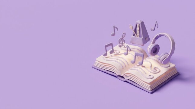 3D isometric illustration of magical open music book with floating notes on pastel purple background