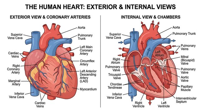 Detailed anatomical diagram of human heart exterior and internal views