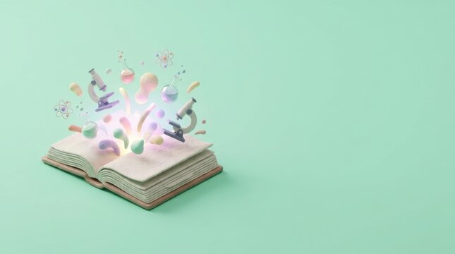 3D isometric illustration of magical open science book with microscope on pastel mint green background
