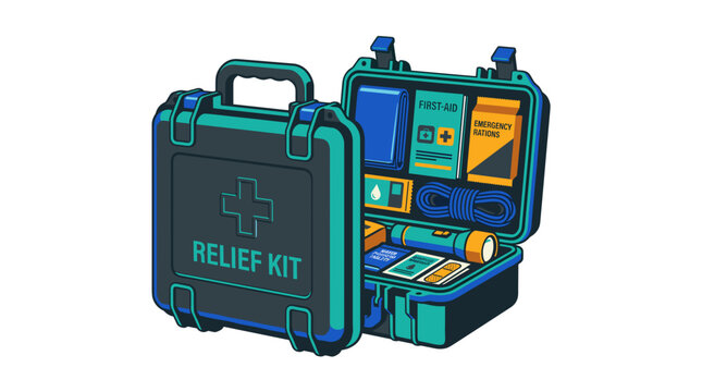 Emergency relief kit illustration featuring survival supplies, medical gear, and rations in a durable tactical storage case