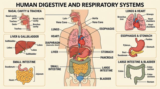 Human digestive and respiratory systems anatomical diagram with labeled organs
