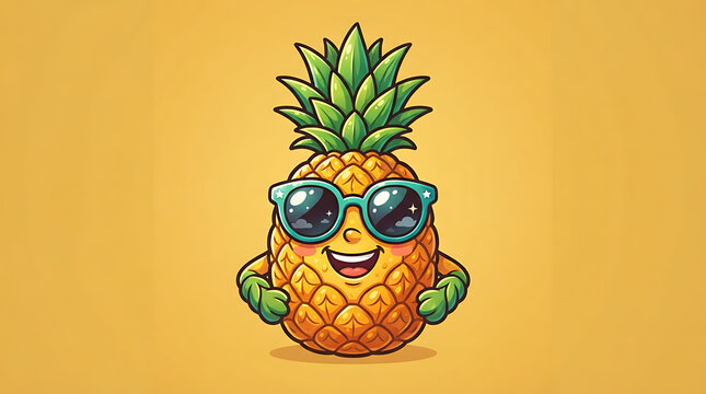 Cartoon pineapple with sunglasses smiling on yellow summer background for fun branding