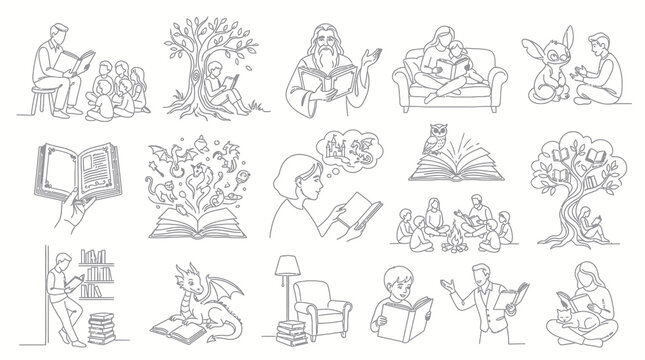 Black  White Line Art Reading and Books Illustrations Set for Education, Learning, and Storytelling