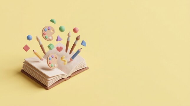 3D isometric illustration of magical open sketchbook with art supplies on pastel yellow background