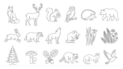Obraz premium Forest Animals and Nature Elements Line Art Icons Set - Woodland Wildlife Black and White Outline Collection
