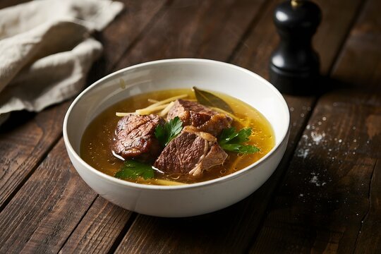 A white bowl filled with savory beef broth and tender meat chunks garnished with fresh parsley and bay leaves on a rustic wooden table for a traditional food concept.