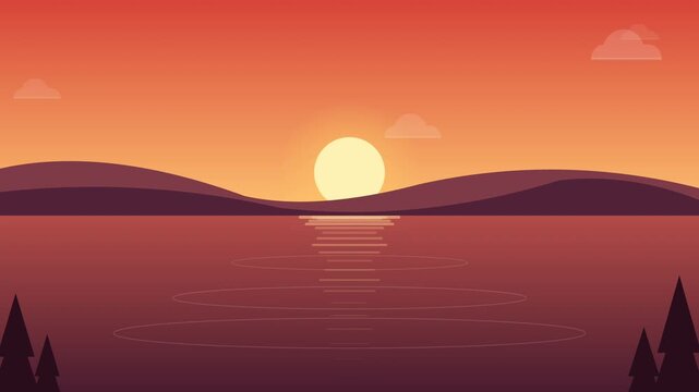 Minimalist vector landscape with sunset over lake water