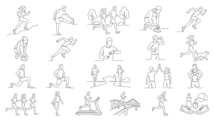 Obraz premium Health Fitness Running People Athletes Black White Continuous Line Art Icons Set