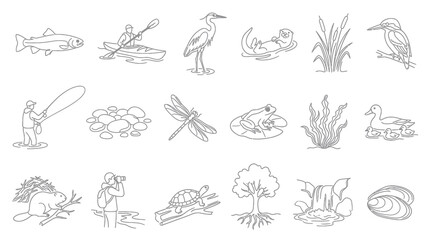 Fototapeta premium Black and White Line Art Icons Set: Freshwater Nature, Wildlife, Plants, and Outdoor Recreation Activities