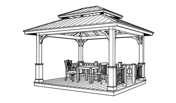 Cozy Outdoor Gazebo Vector with Dining Table Two Chairs and Decorative Pavilion Architecture