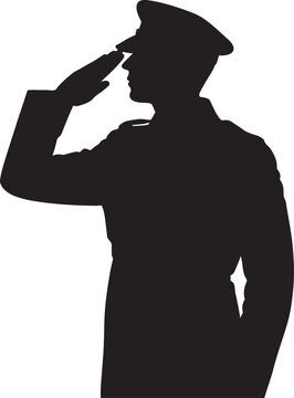 Silhouette of a Military Soldier in Uniform Saluting on White