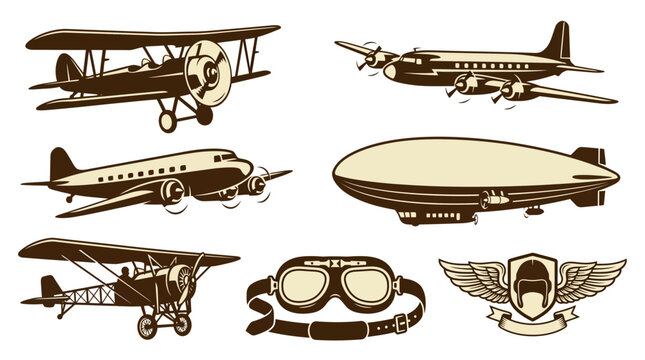 Vintage Aviation Icons Set with Retro Airplanes and Pilot Accessories