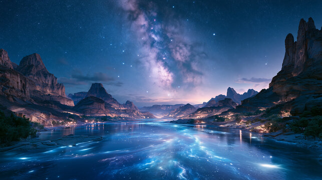 eep canyon under a spectacular star-filled night sky, bright Milky Way stretching above dramatic cliffs, moonlight revealing detailed rock formations, peaceful wilderness.
