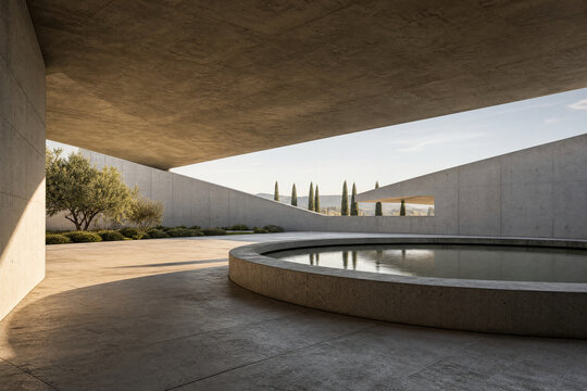 Modern brutalist concrete architectural structure, minimalistic geometric design. Outdoor courtyard view with circular reflecting pool and textured walls