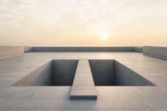 Minimal concrete terrace with bridge over void, Brutalist landscape architecture, abstract texture background, modern design