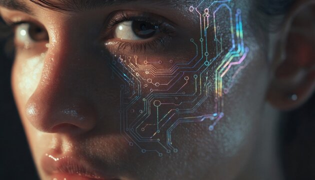 Close-up of a person's face with a digital circuit pattern overlay, symbolizing the fusion of human and technology.