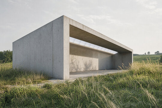 Modern minimalist concrete structure with overhang in a meadow, abstract architectural design with rough texture wall, outdoor landscape with wild grass and open sky, contemporary building facade