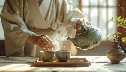 Obraz premium Mini Retirement Tea Ceremony Experience with Traditional Japanese Kimono Pouring Hot Tea