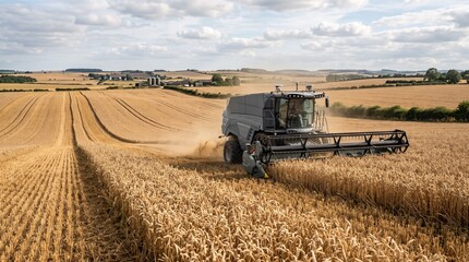 Naklejka premium Modern combine harvester working in a golden wheat field during harvest season under a cloudy sky