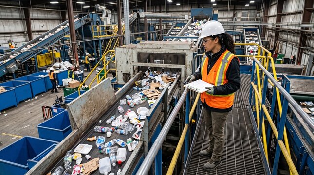 Woman in hard hat and safety vest inspects recycling plant conveyor belt with plastic bottles and cardboard