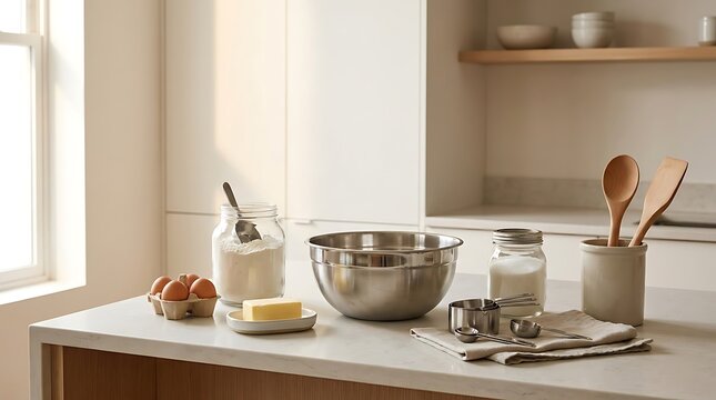Metal mixing bowl with baking tools and ingredients on a wooden kitchen counter. beginner baking guide