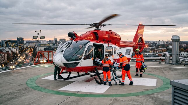Emergency Medical Helicopter Landing on Hospital Rooftop with Paramedics Transferring Patient