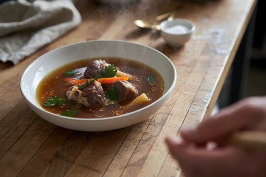 A steaming bowl of hearty beef stew with chunks of meat, carrots, and potatoes, served in a white bowl on a rustic wooden table, emphasizing warmth and home cooking.