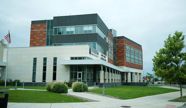 Atlantic City, New Jersey, U.S - Aug 16, 2026 - Stockton University John F Scarpa Academic Center with modern stone and glass architecture, and landscaped grounds