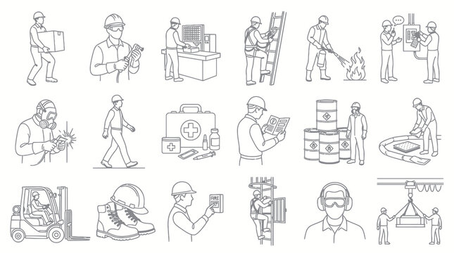Occupational Safety and Health Black  White Line Art Icons Set - Industrial Workplace PPE Concepts