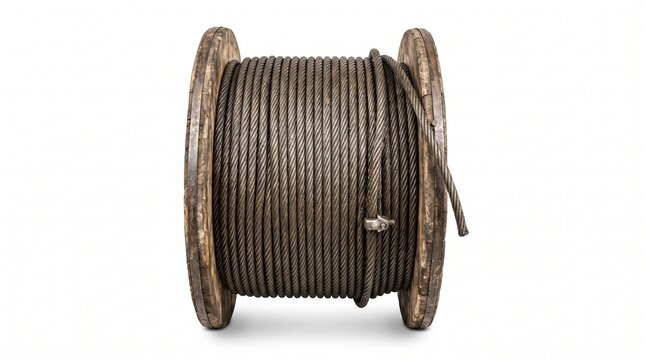 Old weathered industrial steel wire rope wrapped around large wooden spool on white background.