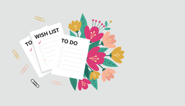 To do list and wish list check sheets with bright floral background