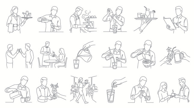Hospitality Food  Beverage Service Staff Line Art Icons - Waiters, Bartenders, Baristas Outline Set