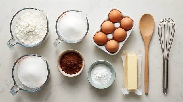 Baking ingredients like flour milk eggs and butter with kitchen tools for home cooking preparation. beginner baking guide