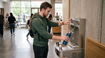 Fototapeta premium Young man filling reusable water bottle at modern water cooler in busy building lobby
