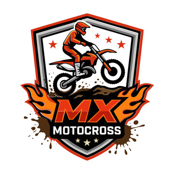 Motocross emblem logo with jumping rider and flames graphic illustration.