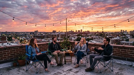 Obraz premium Friends enjoying a rooftop party at sunset with city skyline view and string lights
