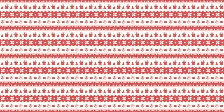 Seamless Christmas fair isle pixel pattern with reindeer, snowflake, and pine tree on white background. Traditional Scandinavian red holiday sweater vector background for wrapping paper and textile.