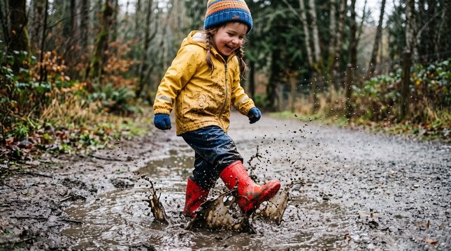 Joyful young child in yellow raincoat and red boots splashing in muddy puddle on forest path