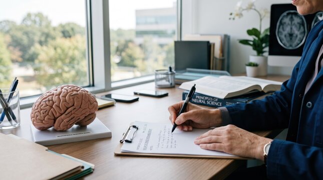 Neuroscientist writing research notes with brain model and MRI scan, studying neural science principles in modern lab office, academic focus on cognition and mental health