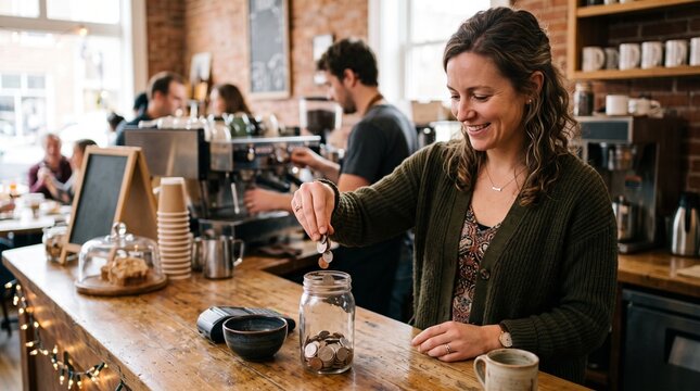 Smiling woman drops coins into tip jar at a busy coffee shop with baristas making drinks