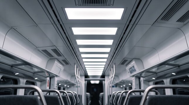 Modern empty subway carriage interior, clean public transport tunnel view, urban commuter train car seats and lights, perspective of passenger cabin, futuristic metro station