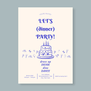 Elegant Hand-Drawn Dinner Party Invitation Template with Cake Illustration and Minimalist Doodle Style for Celebration Events