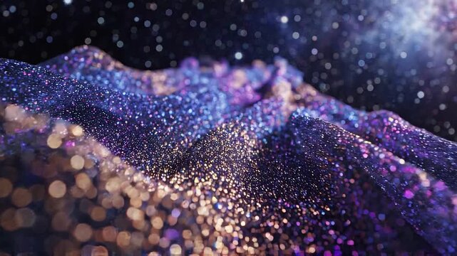 Glittering purple fabric folds shimmering under falling light, creating an abstract sparkling texture with dreamy bokeh motion