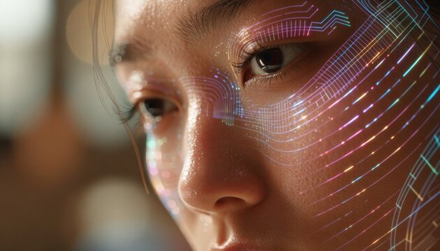 Close-up of a woman's face with digital circuit-like overlays symbolizing technology, AI, and human-computer interaction.