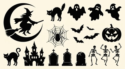 Fototapeta premium A spooky collection of halloween silhouettes featuring witches black cats ghosts skeletons and a haunted castle scene