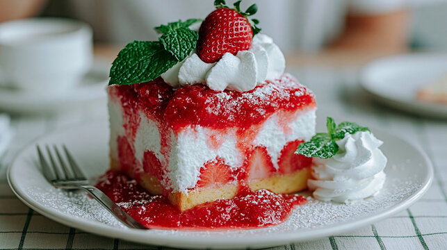 Square sponge cake slice with white cream strawberry filling and fruit topping