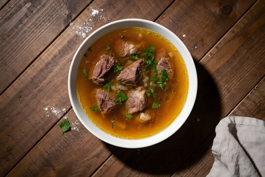 Top down view of a white ceramic bowl filled with hot beef broth and tender meat chunks garnished with fresh green parsley on a rustic dark wooden kitchen table background.