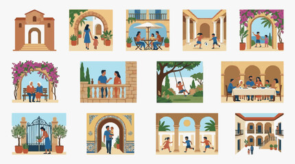 Fototapeta premium Modern Illustrated Scenes of Mediterranean Courtyards and Family Gatherings with Vibrant Colors and Architectural Details